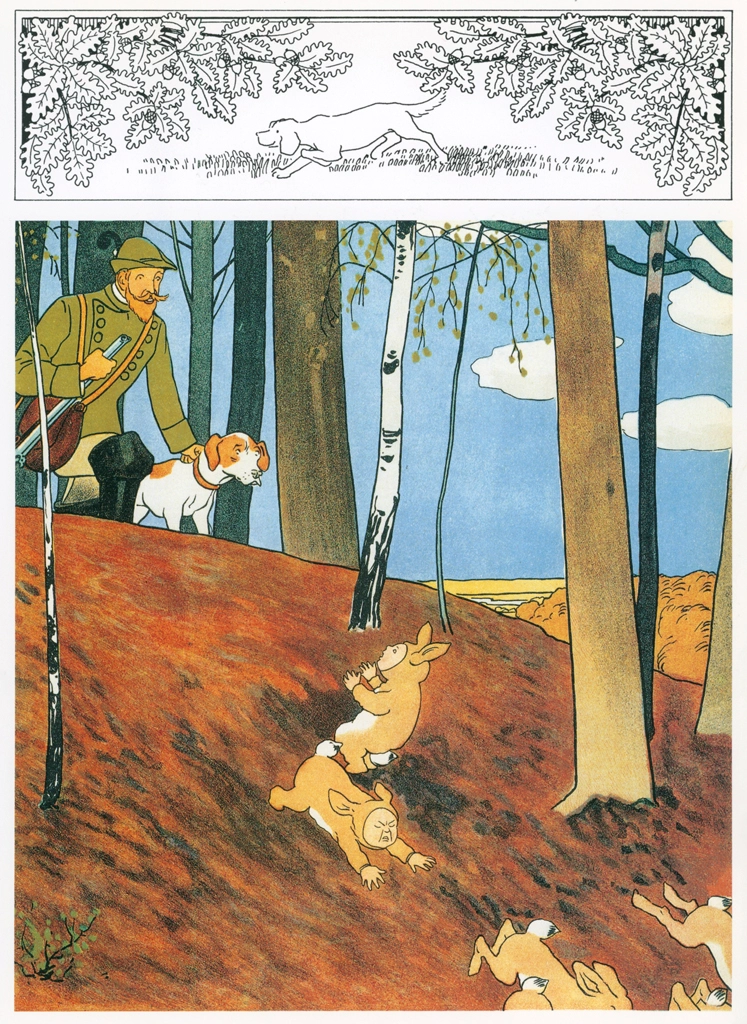 Plate #6 (Hunters, Fleeing Rabbits and Human Children) from “The Story of the Rabbit Children” by Sibylle von Olfers | Original