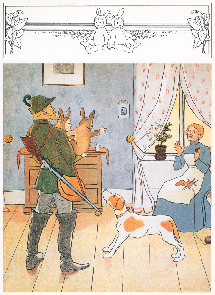 Plate #7 (A Hunter Father and His Children Return Home) from “The Story of the Rabbit Children” by Sibylle von Olfers | Original