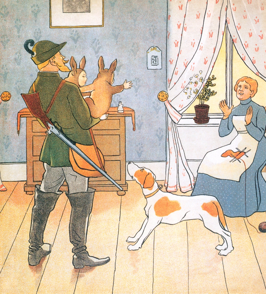 Plate #7 (A Hunter Father and His Children Return Home) from “The Story of the Rabbit Children” by Sibylle von Olfers | Cropped