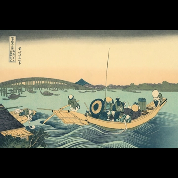 「富嶽三十六景 御厩川岸より両国橋夕陽見」 葛飾北斎 （1830年頃）