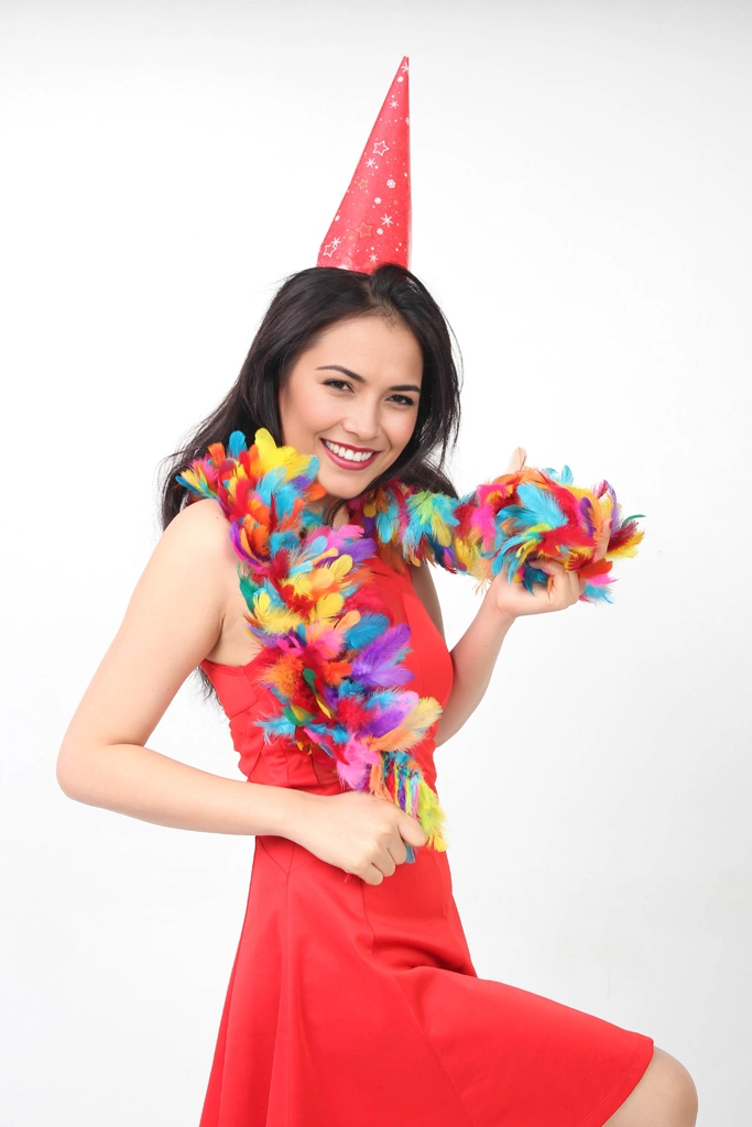 Ser of 5 Portrait Photos of a Woman in a Red Party Dress Wearing a Party Hat | Woman #1 （face change by AI）