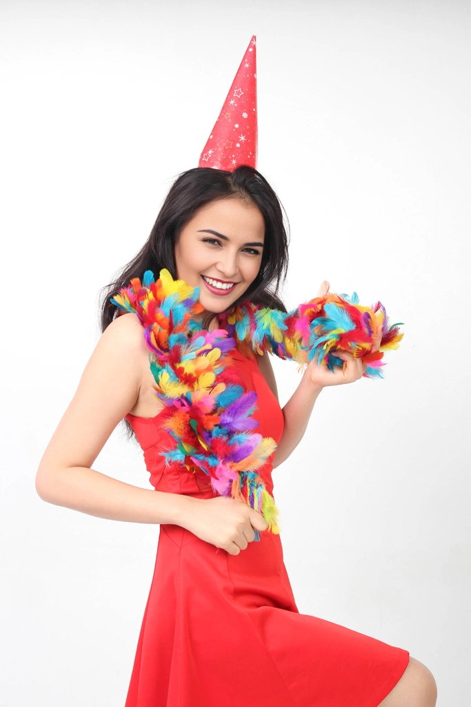 Ser of 5 Portrait Photos of a Woman in a Red Party Dress Wearing a Party Hat | Woman #2 （face change by AI）