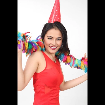 Ser of 5 Portrait Photos of a Party Animal Woman with a Colorful Feather Shawl Around Her Neck