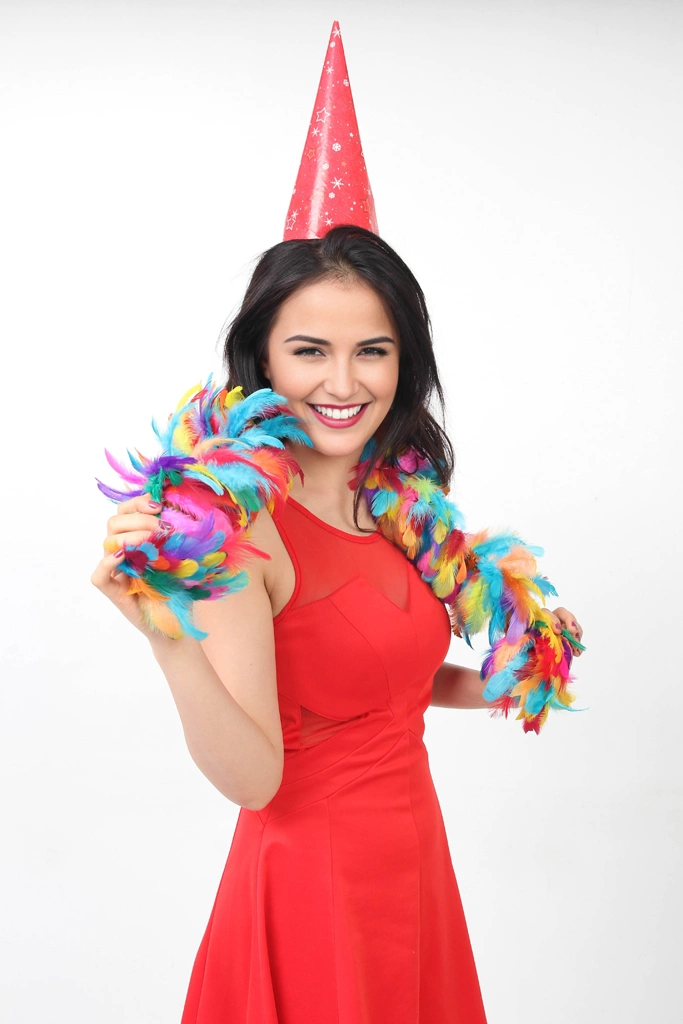 Ser of 5 Portrait Photos of a Party Animal Woman Wearing a Party Hat and Colorful Shawl Around Her Neck | Woman #2 （face change by AI）