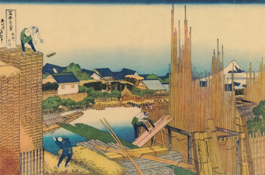 Thirty-Six Views of Mount Fuji: Tate River from the Timberyard at Honjo by Katsushika Hokusai (circa 1830) | from Fugaku Sanjūrokkei