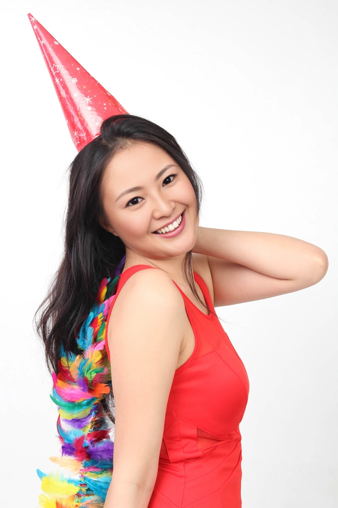 Ser of 5 Portrait Photos of a Woman Wearing a Party Hat and Holding a Colorful Feather Shawl | Asian Woman #2 （face change by AI）