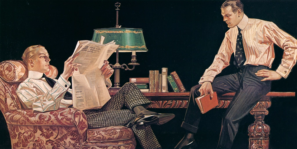「男たちの読書 （アロー・カラーの広告）」 J・C・ライエンデッカー （1914年） | The J. C. Leyendecker Poster Bookより