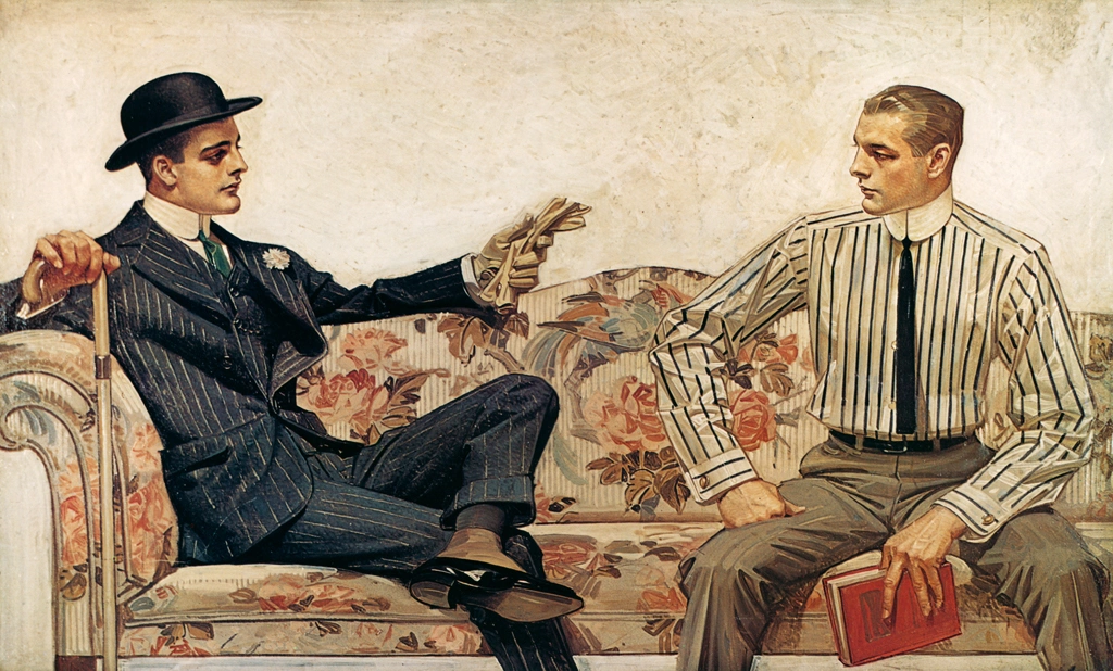 「ソファーに座る二人の男性 （アロー・カラーの広告）」 J・C・ライエンデッカー （1912年） | The J. C. Leyendecker Poster Bookより