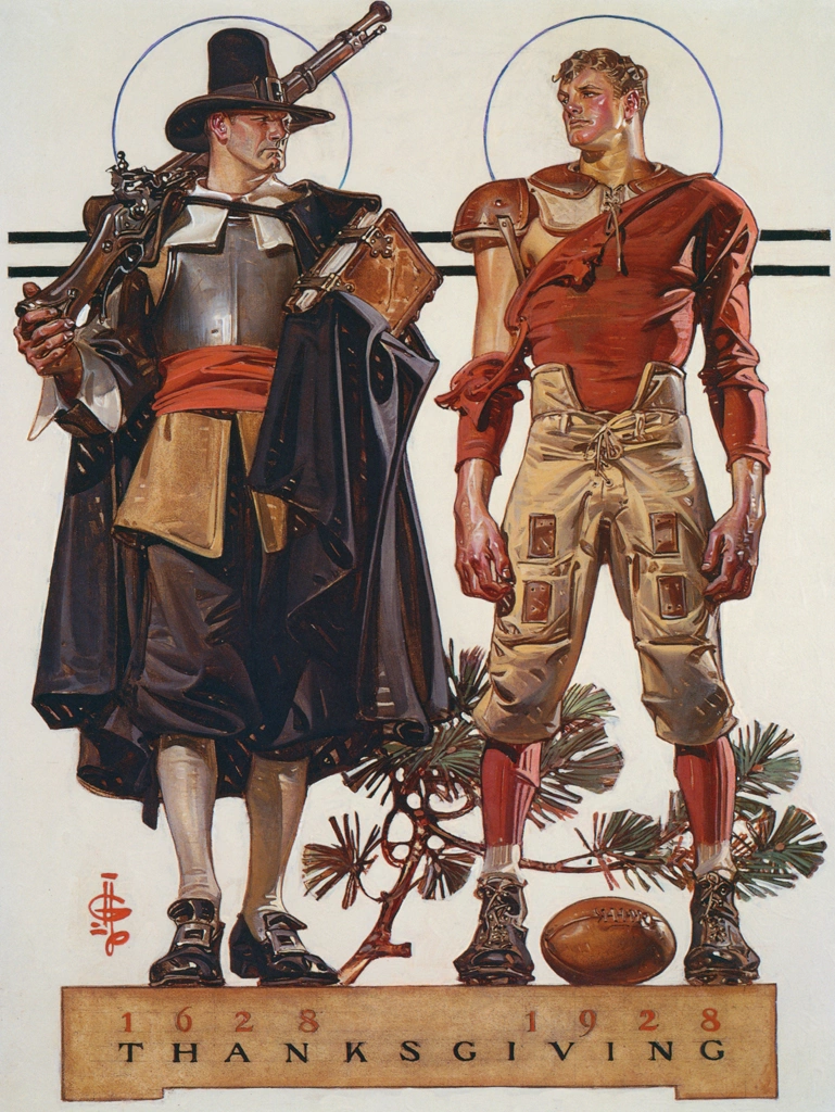 Thanksgiving – Pilgrim and Football Player by J. C. Leyendecker (1928) | from J.C. Leyendecker: American Imagist