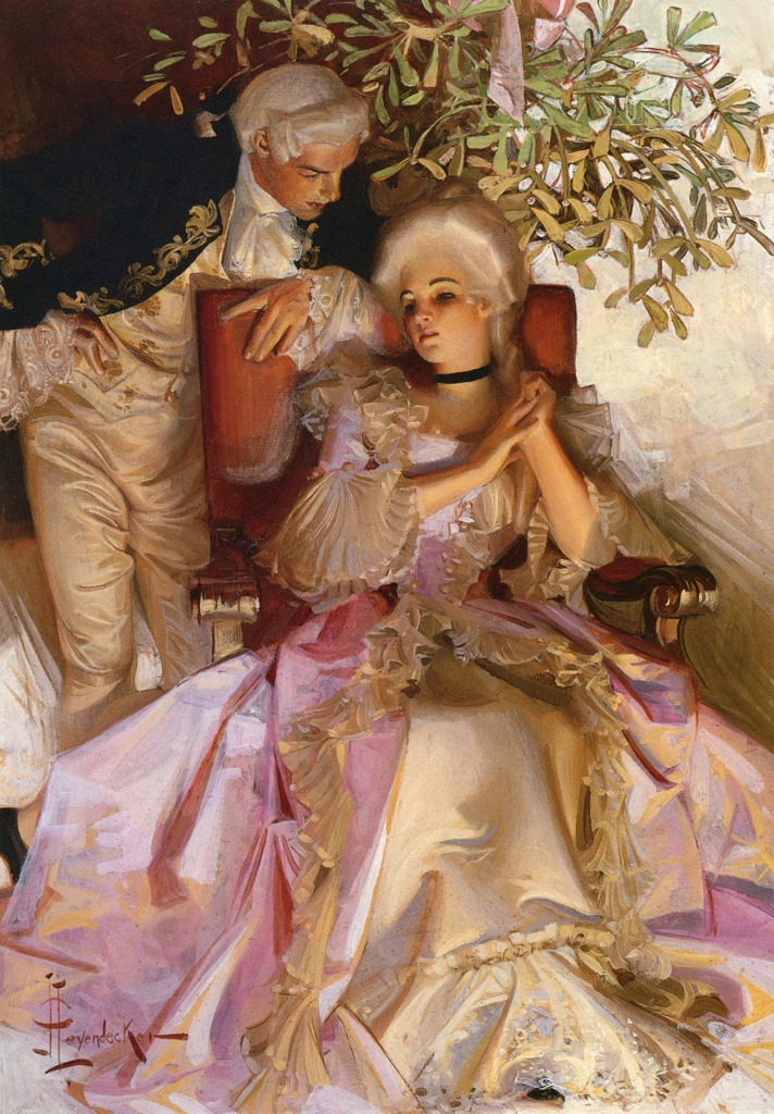 Colonial Couple under the Mistletoe by J. C. Leyendecker (1905) | from J.C. Leyendecker: American Imagist
