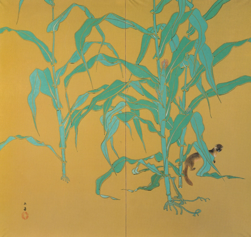 「背戸の畑」 川合玉堂 （1914年） | 左隻 没後50年 川合玉堂展 時を超え よみがえる日本自然より