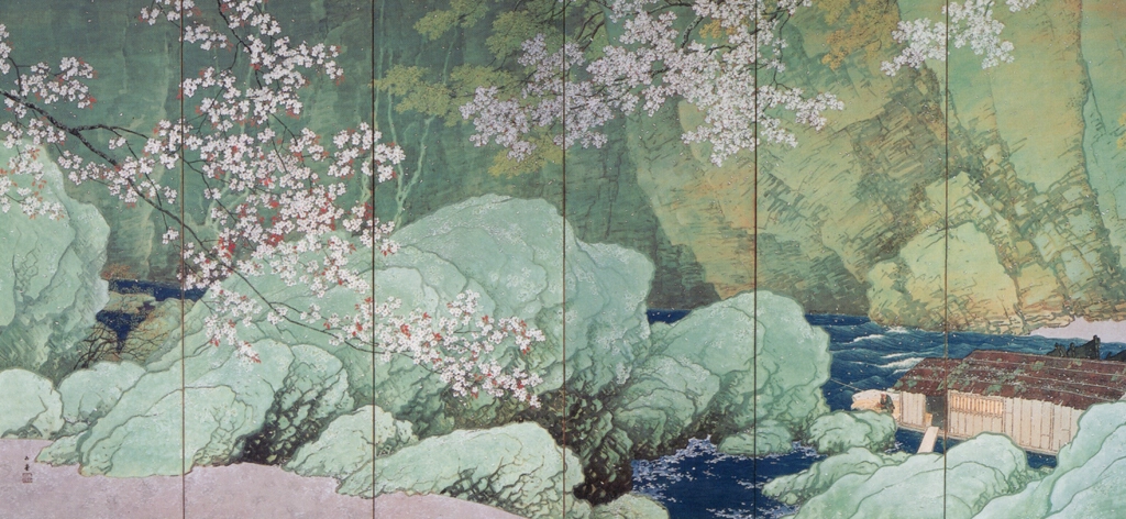 「行く春」 川合玉堂 （1916年） | 左隻 没後50年 川合玉堂展 時を超え よみがえる日本自然より