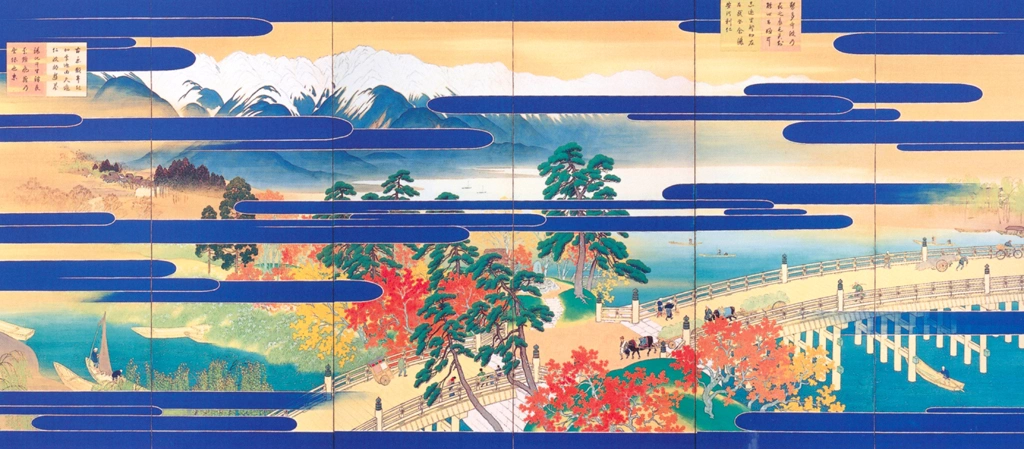 「悠紀地方風俗歌屏風」 川合玉堂 （1928年） | 右隻 没後50年 川合玉堂展 時を超え よみがえる日本自然より