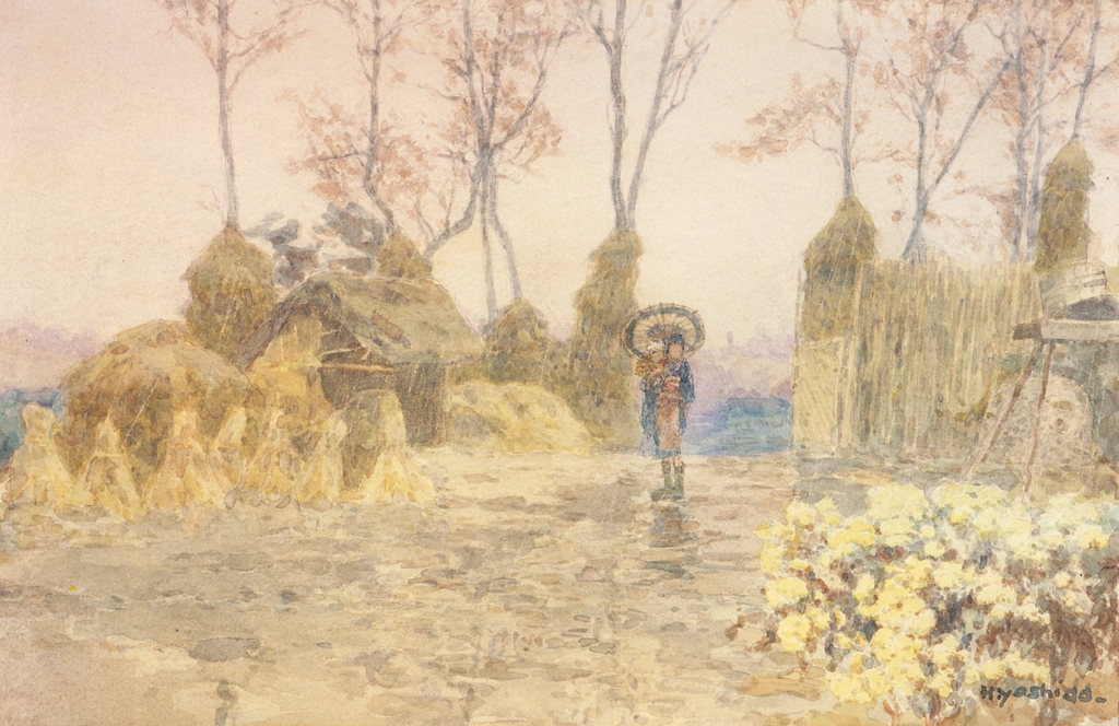 Baby-Sitting in the Rain by Yoshida Hiroshi (circa 1903) | from Hiroshi Yoshida Exhibition - Refreshingly Original and Lyrical