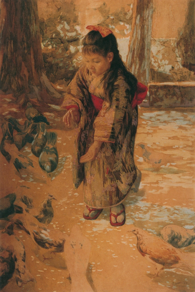Pigeons and a Girl by Yoshida Hiroshi (circa 1910) | from Hiroshi Yoshida Art Works