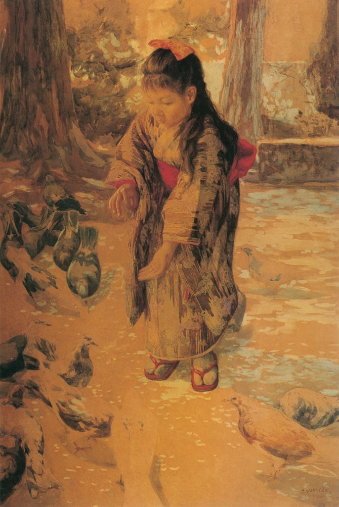Pigeons and a Girl by Yoshida Hiroshi (circa 1910) | from Hiroshi Yoshida Exhibition - Refreshingly Original and Lyrical
