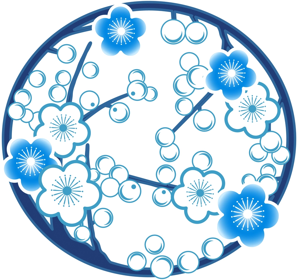 Set of 6 Circular Plum Blossom Ornament Illustrations and Vectors | Blue