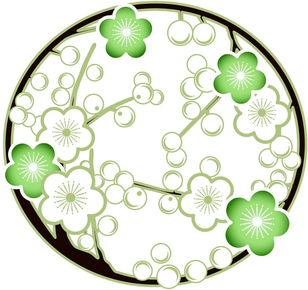 Set of 6 Circular Plum Blossom Ornament Illustrations and Vectors | Green