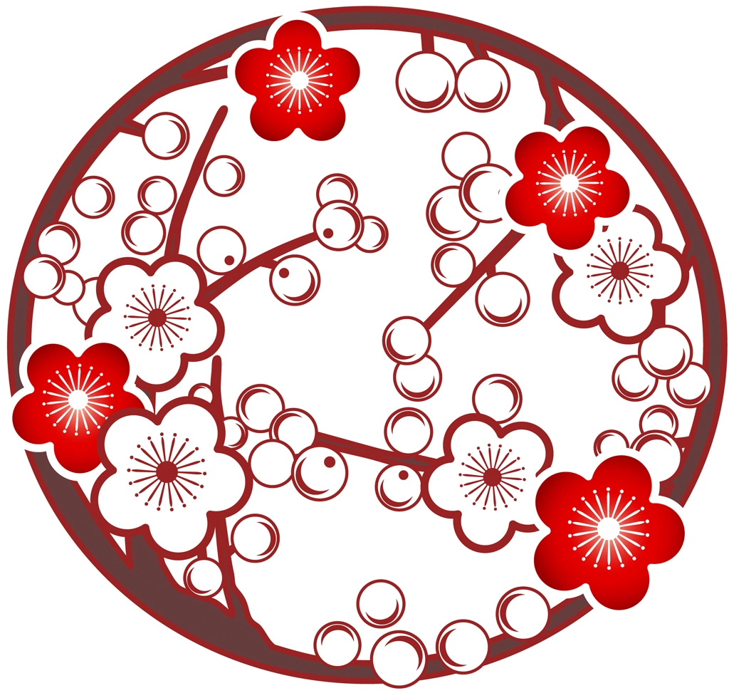 Set of 6 Circular Plum Blossom Ornament Illustrations and Vectors | Red