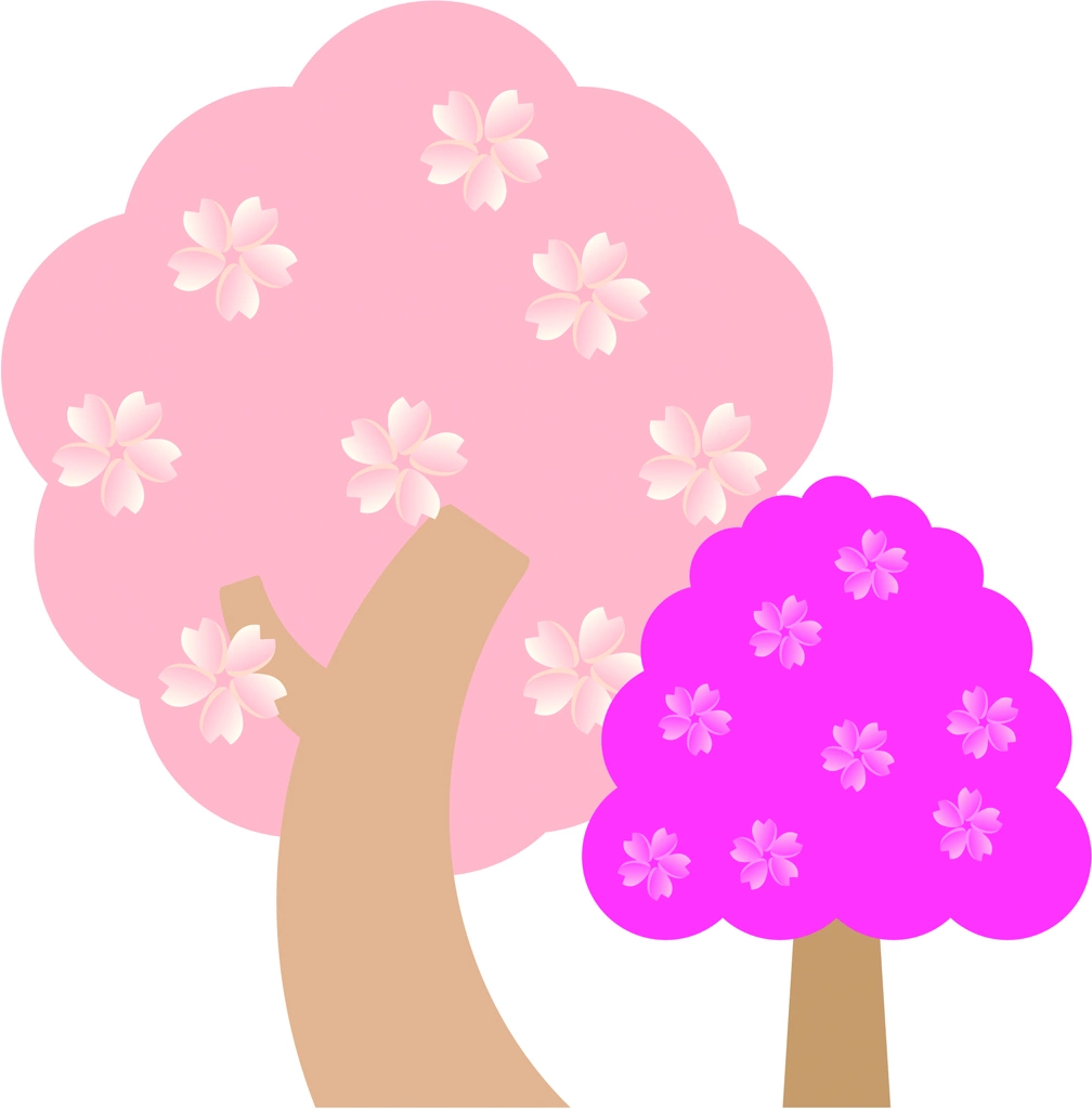 6種類の桜の木々のイラストとベクター | 薄いピンクと濃いピンクの桜の木々