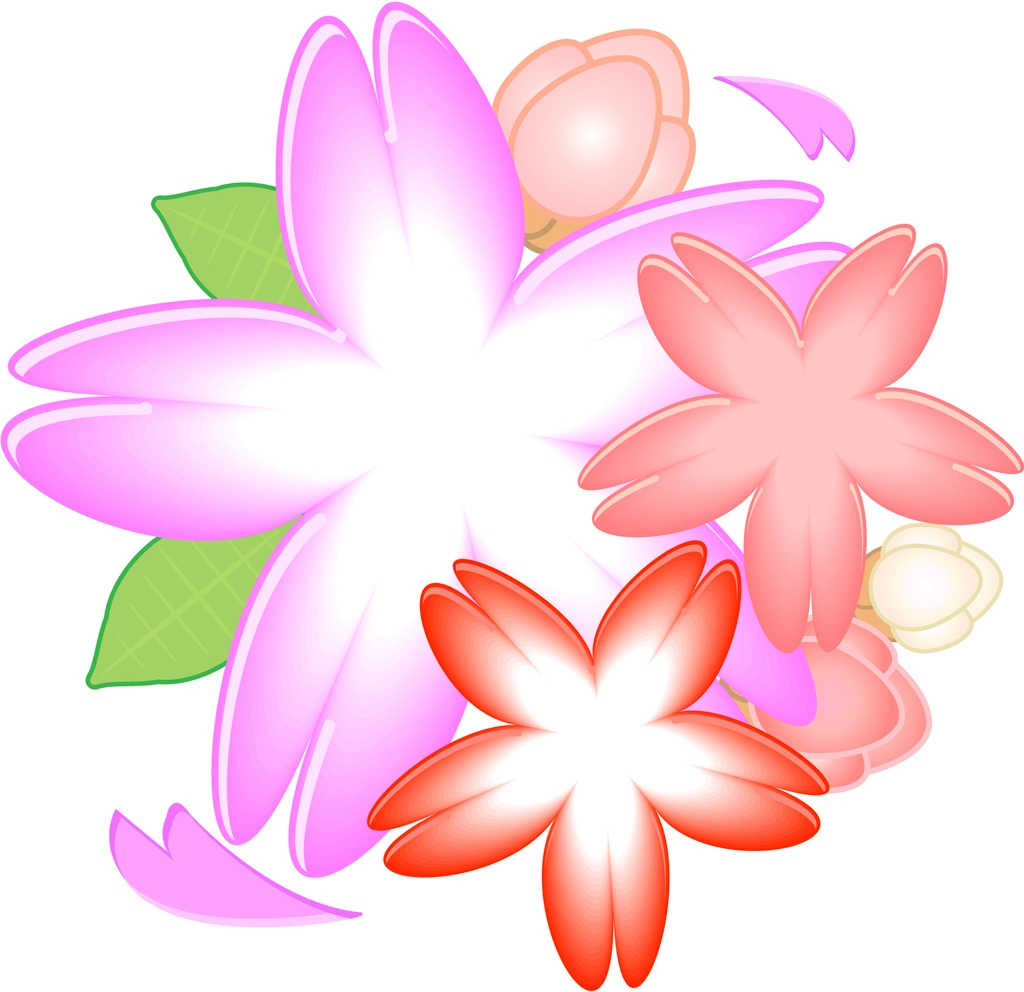 6種類のさくらの花と蕾と葉のイラストとベクター | 3つの桜の花と3つの蕾と2枚の葉