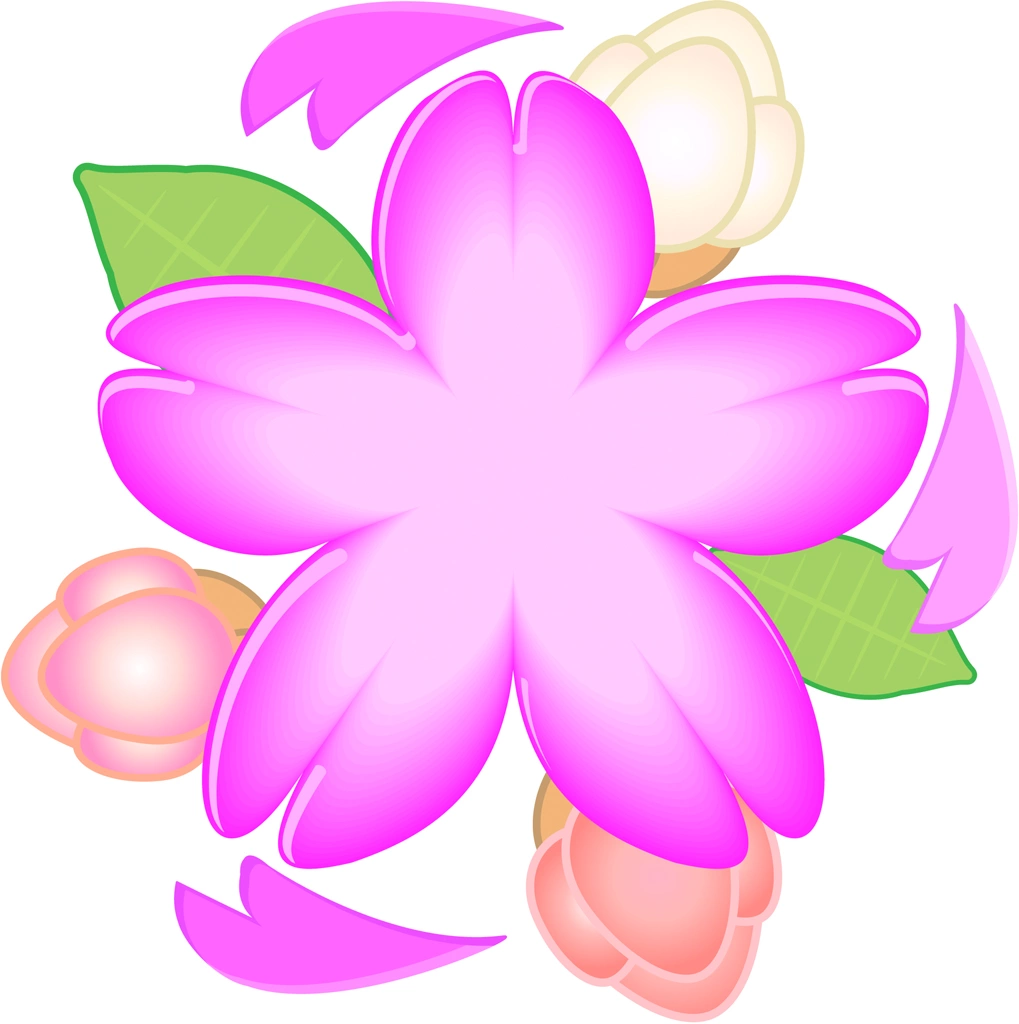 6種類のさくらの花と蕾と葉のイラストとベクター | 1つの桜の花と3つの蕾と2枚の葉