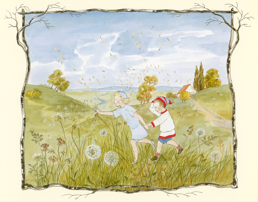 「かぜさん 挿絵 #3 （男の子の手を取って走るかぜさんと舞い上がるタンポポの綿毛）」 ジビュレ・フォン オルファース | 1