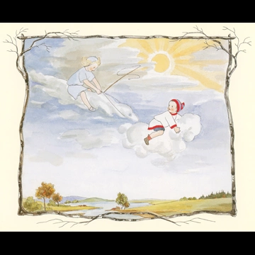 「かぜさん 挿絵 #7 （馬の形をした二つの雲に乗る男の子とかぜさん）」 ジビュレ・フォン オルファース