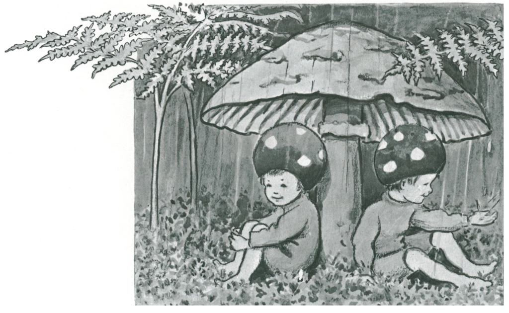 Plate #1 (The Forest Children Take Shelter from the Rain) from Children of the Forest by Elsa Beskow | Fukuinkan Shoten