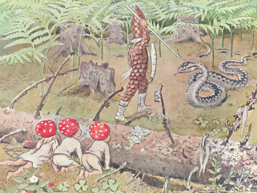 Plate #6 (The Forest Father Fighting a Snake) from Children of the Forest by Elsa Beskow | Fukuinkan Shoten
