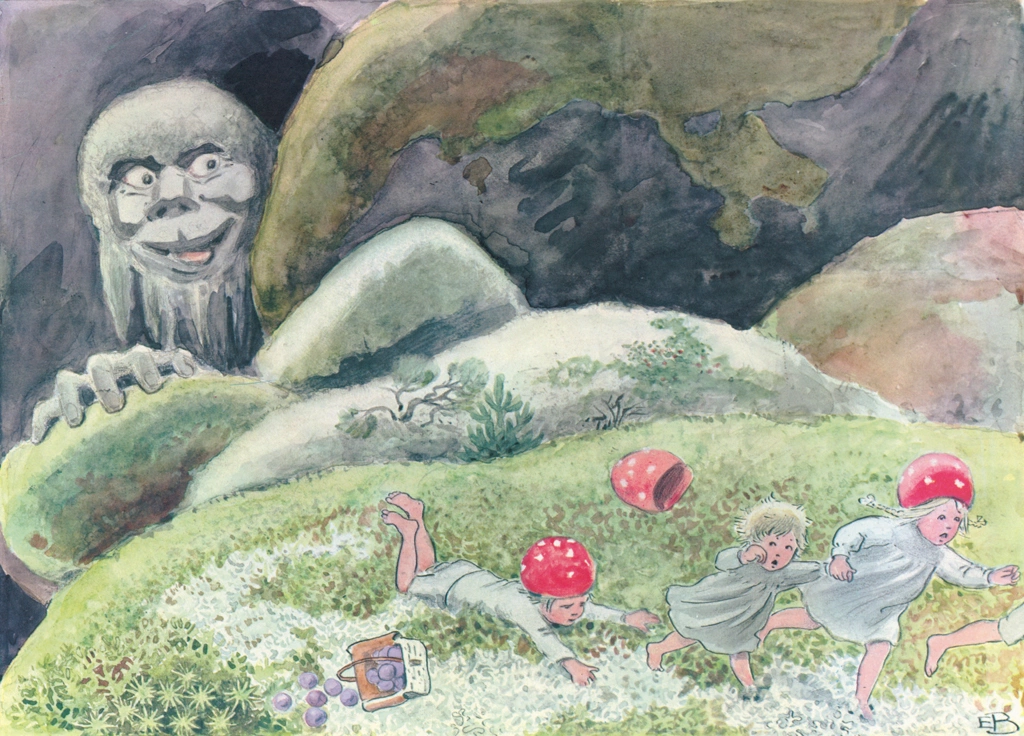 Plate #12 (The Troll Startle the Forest Children) from Children of the Forest by Elsa Beskow | Fukuinkan Shoten