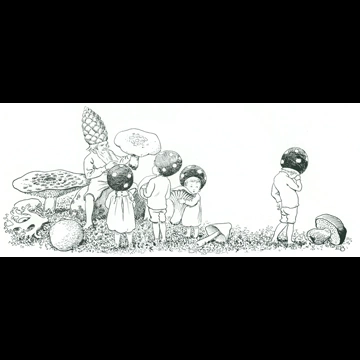 「もりのこびとたち 挿絵 #13 （キノコについて子供たちに教える小人のお父さん）」 エルサ・ベスコフ