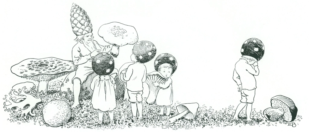 「もりのこびとたち 挿絵 #13 （キノコについて子供たちに教える小人のお父さん）」 エルサ・ベスコフ | 福音館書店