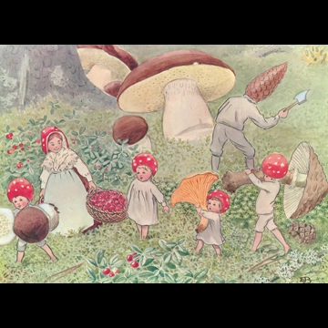 「もりのこびとたち 挿絵 #14 （食べ物を収穫する小人の家族たち）」 エルサ・ベスコフ
