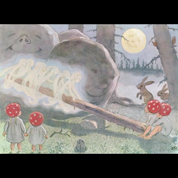 「もりのこびとたち 挿絵 #18 （妖精たちとシーソーで遊ぶ小人の子供たち）」 エルサ・ベスコフ