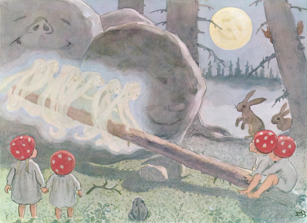 「もりのこびとたち 挿絵 #18 （妖精たちとシーソーで遊ぶ小人の子供たち）」 エルサ・ベスコフ | 福音館書店
