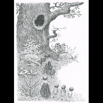 「もりのこびとたち 挿絵 #19 （樫の木に住むふくろう奥さんを訪ねる小人のお母さんと子供たち）」 エルサ・ベスコフ
