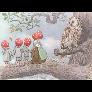 「もりのこびとたち 挿絵 #20 （子供たちをふくろうの学校に入れてもらうようお願いする小人のお母さん）」 エルサ・ベスコフ