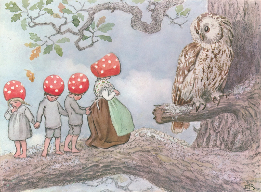 「もりのこびとたち 挿絵 #20 （子供たちをふくろうの学校に入れてもらうようお願いする小人のお母さん）」 エルサ・ベスコフ | 福音館書店
