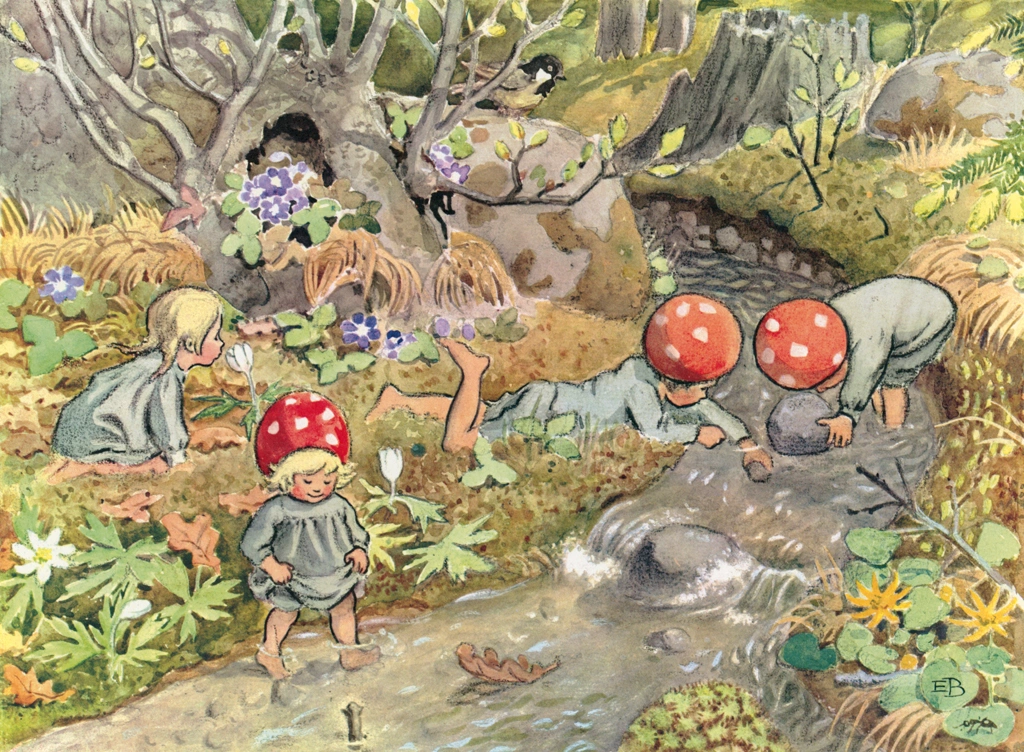 「もりのこびとたち 挿絵 #30 （小川で遊ぶ小人の子供たち）」 エルサ・ベスコフ | 福音館書店