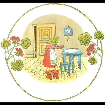 Plate #6 (Little Little Old Woman Putting Milk on the Table) from Tale of the Little Little Old Woman by Elsa Beskow