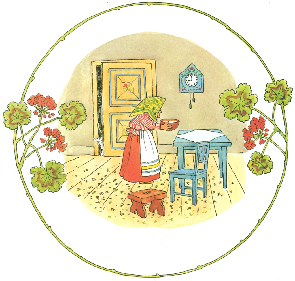 Plate #6 (Little Little Old Woman Putting Milk on the Table) from Tale of the Little Little Old Woman by Elsa Beskow | 1