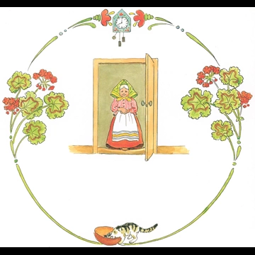 Plate #8 (Little Little Old Woman Meeting a Little Little Cat Drinking Mill) from Tale of the Little Little Old Woman by Elsa Beskow