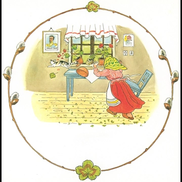 Plate #9 (Little Little Old Woman Scolds a Little Little Cat for Drinking Milk) from Tale of the Little Little Old Woman by Elsa Beskow
