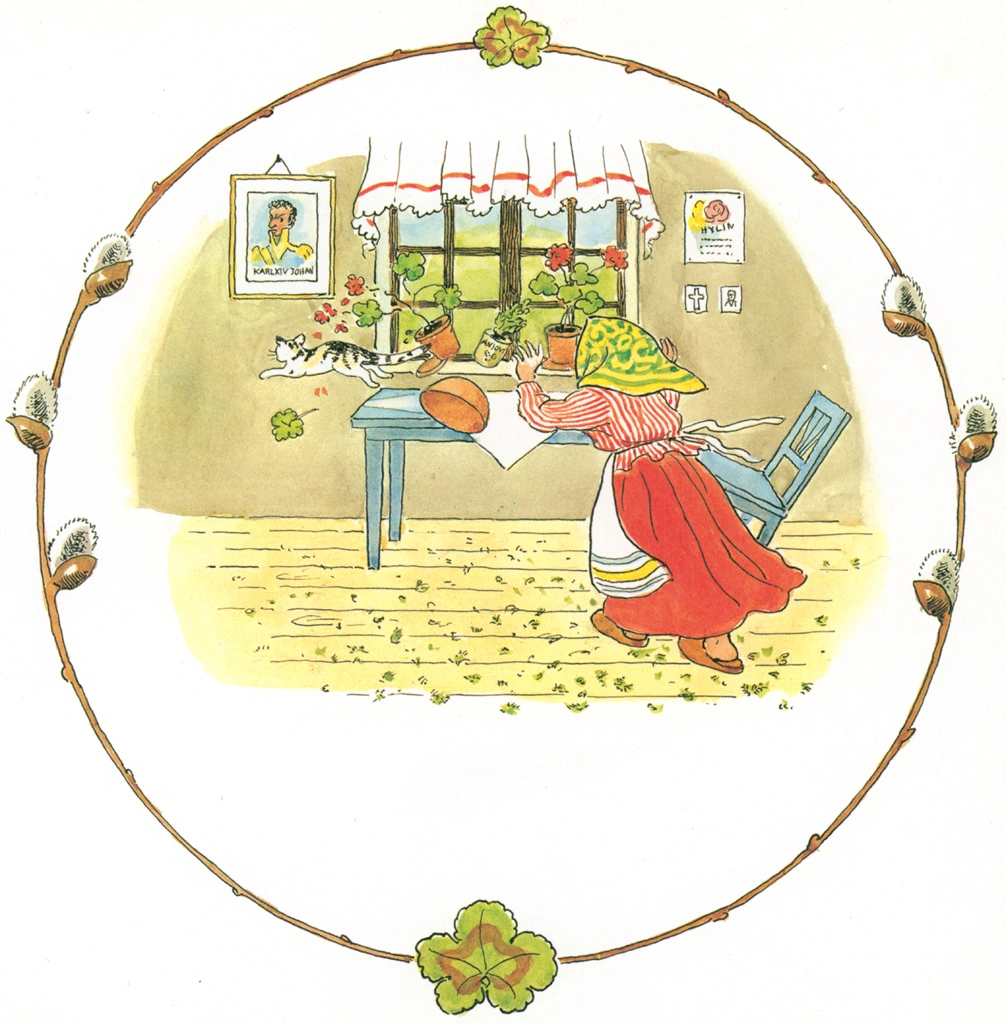 Plate #9 (Little Little Old Woman Scolds a Little Little Cat for Drinking Milk) from Tale of the Little Little Old Woman by Elsa Beskow | 1