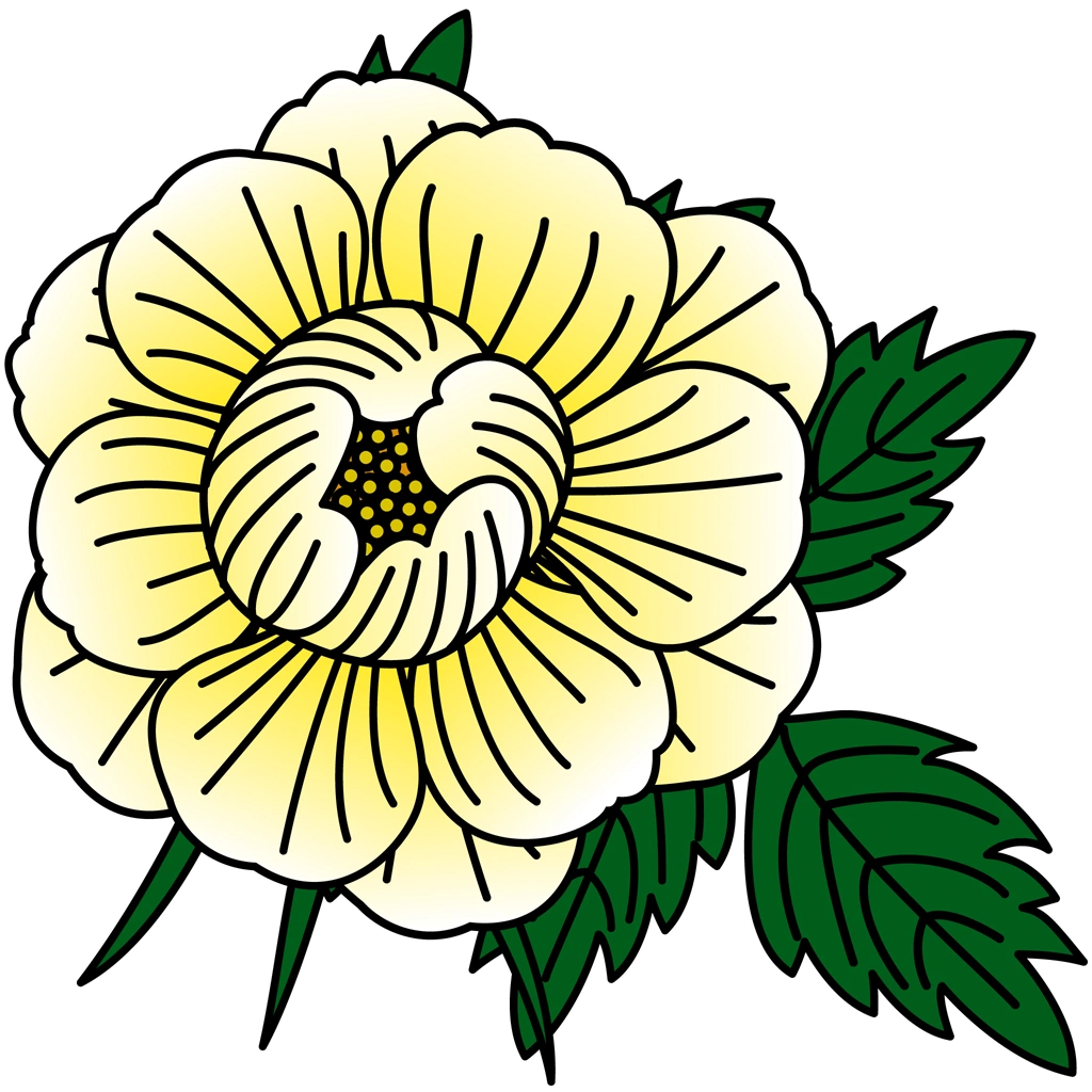 6種類の牡丹の花のイラストとベクター | 黄色の花と濃緑色の葉