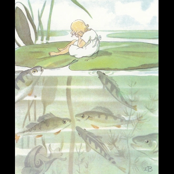 「おやゆびひめ 挿絵 #5 （泣いているおやゆびひめと集まる小さな魚たち）」 エルサ・ベスコフ