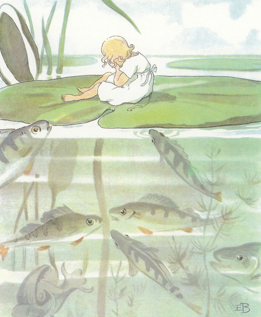 「おやゆびひめ 挿絵 #5 （泣いているおやゆびひめと集まる小さな魚たち）」 エルサ・ベスコフ | 1