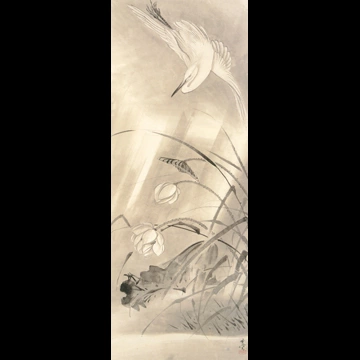 「雨中の蓮池に降り立つ白鷺」 河鍋暁斎 （1871-89年）