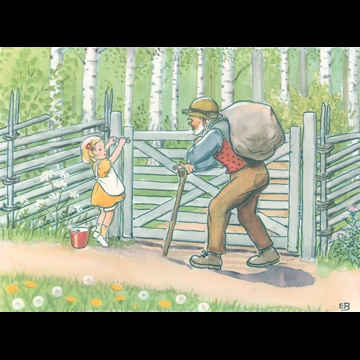 「おりこうなアニカ 挿絵 #5 （牧場の鍵を開けようとするアニカと通りかかったおじいさん）」 エルサ・ベスコフ